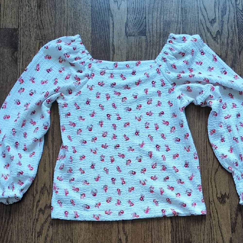 LOFT White, Red, And PinkFloral Blouse Square Neck Blouse Size S